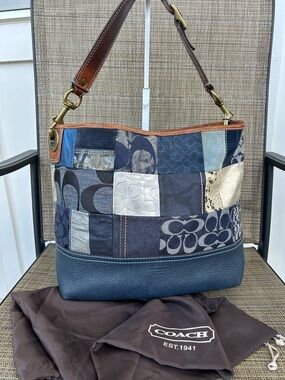 Coach Vintage Y2K Denim Patchwork Bag Purse Blue Brown Leather Multicolor 10003